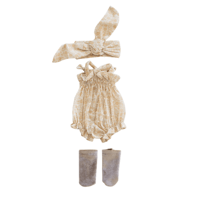 Grenouillère beige fleurs jaunes + bandeau et chaussettes