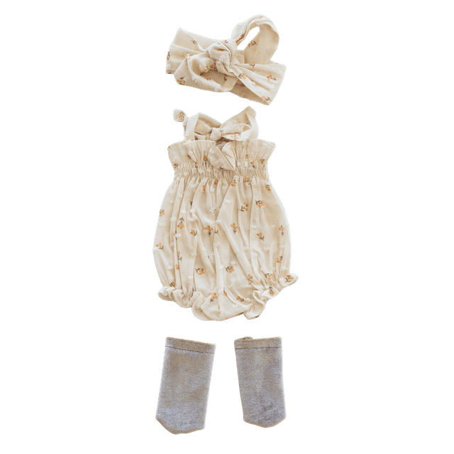 Grenouillère beige fleurs + bandeau et chaussettes