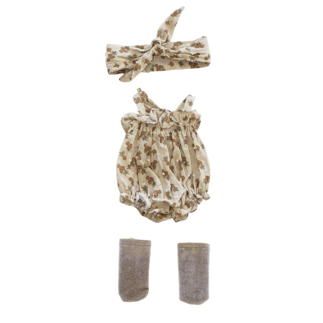 Grenouillère beige fruits + bandeau et chaussettes
