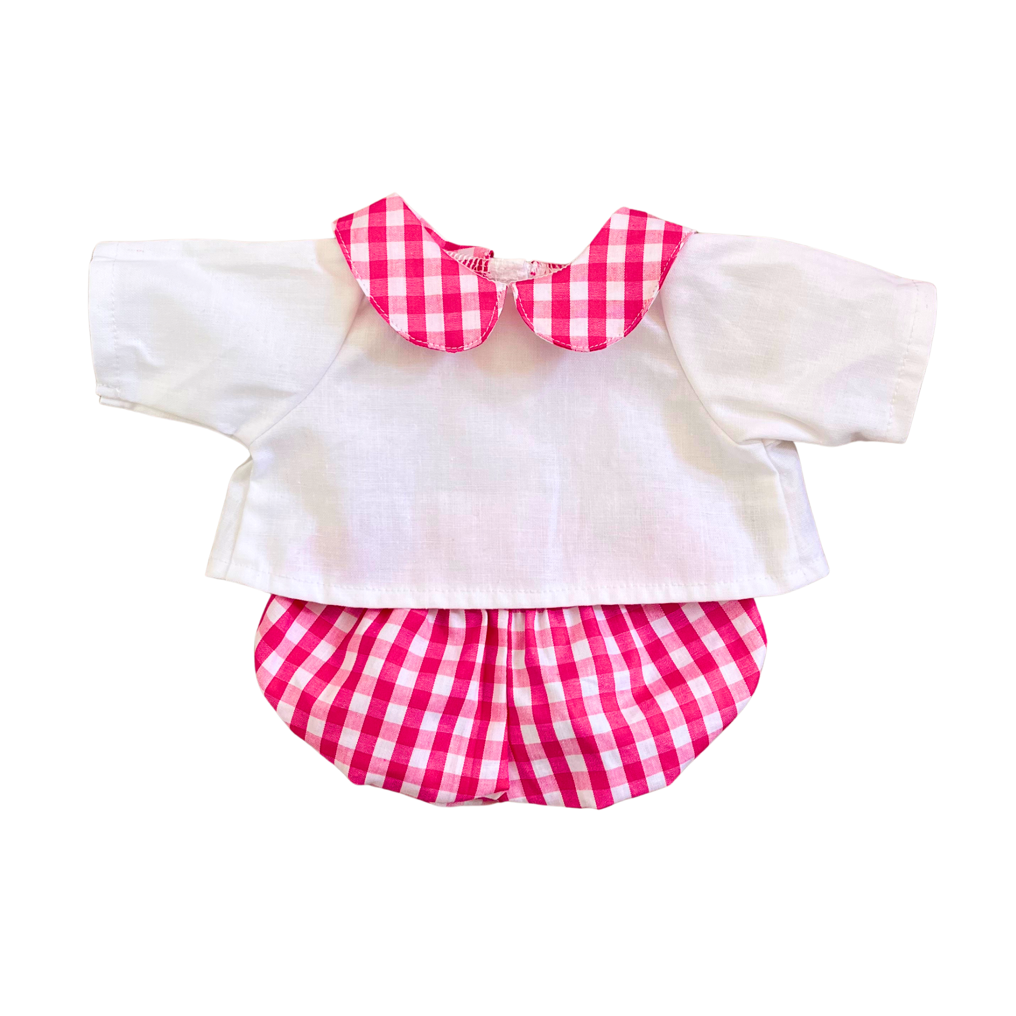 Ensemble blouse blanche à col + bloomer vichy rose fuchsia
